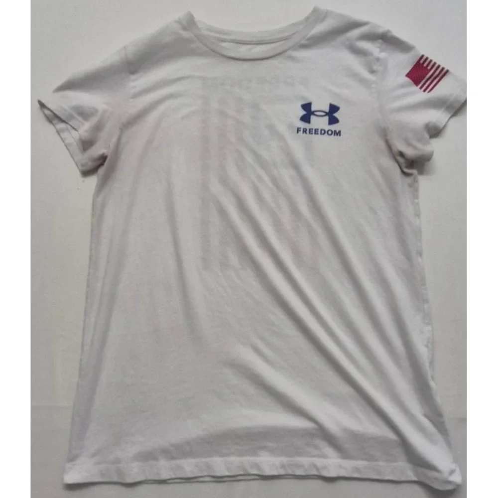 Under Armor men's white loose‎ fit American Flag graphic t-shirt two sided sz. M